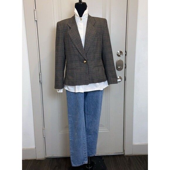 SHERIDAN SQUARE WOMENS JACKET BLAZER SZ 12 BROWN PLAID BUTTON UP LS - Picture 1 of 14